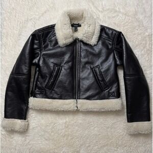 Black Sherpa Aviator Jacket Faux Leather Biker Moto Winter Coat Women